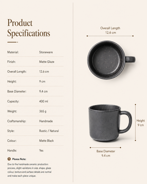 Handmade matte black stoneware mug specifications showing 12.6 cm overall length, 9 cm height and 400ml capacity