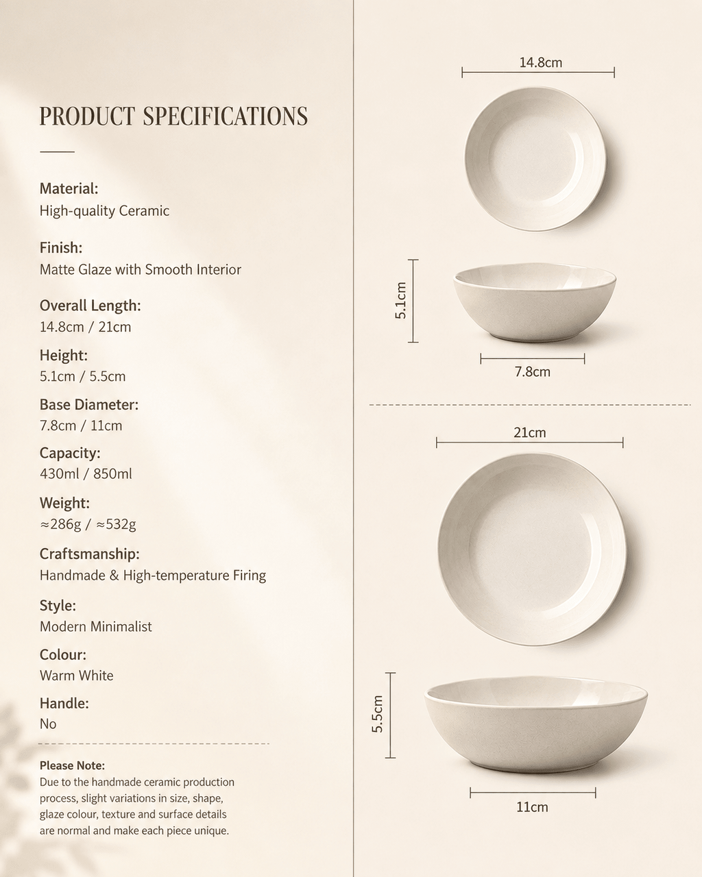 Product specifications for handmade off white ceramic bowl set in 14.8 cm and 21 cm sizes with capacity and dimensions