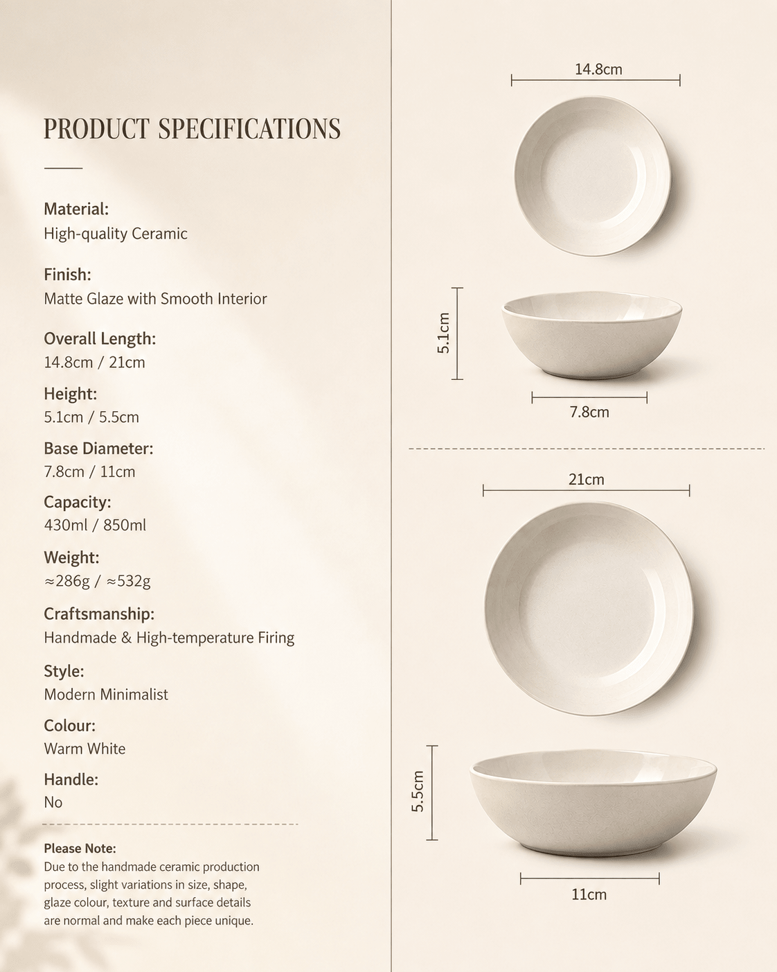 Product specifications for handmade off white ceramic bowl set in 14.8 cm and 21 cm sizes with capacity and dimensions