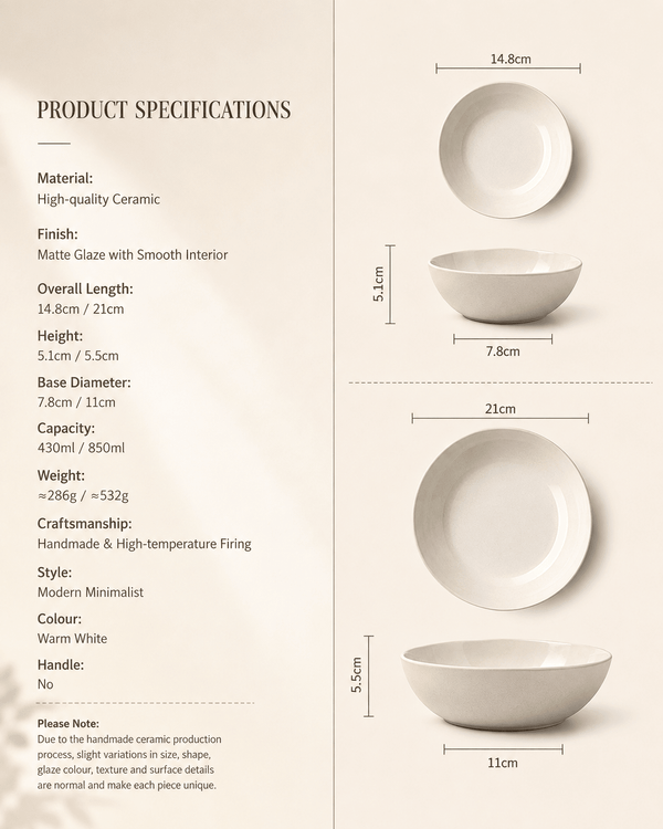 Product specifications for handmade off white ceramic bowl set in 14.8 cm and 21 cm sizes with capacity and dimensions