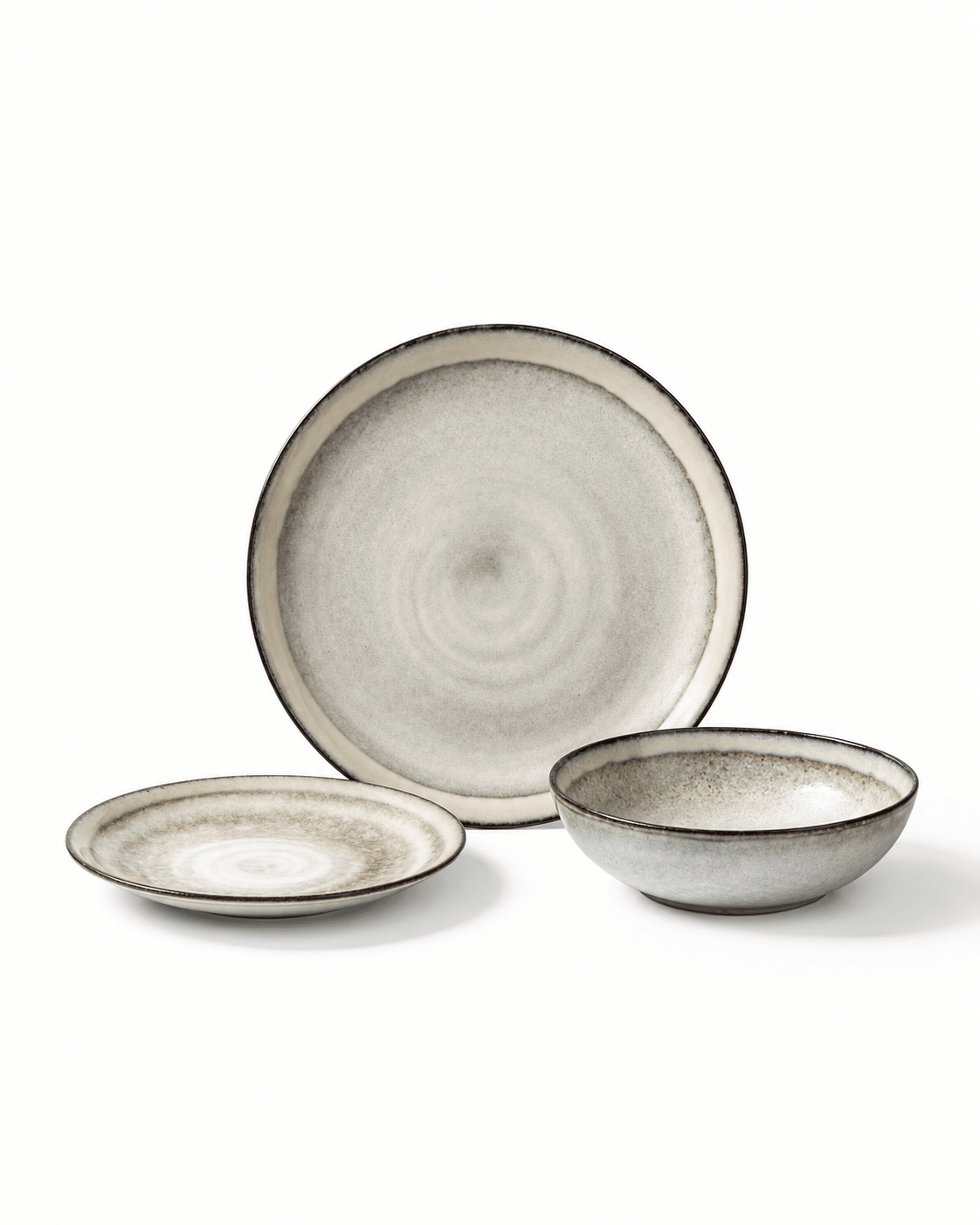 Handmade off white reactive glaze ceramic dinnerware set with 10.7 inch dinner plate, 8 inch salad plate and 7 inch bowl Main image