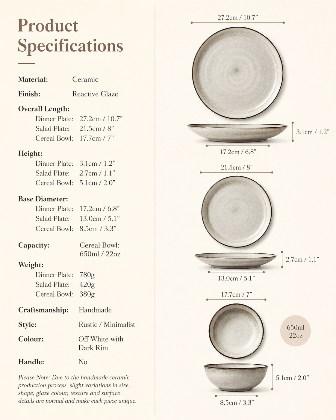 Product specifications for handmade off white reactive glaze ceramic dinnerware set with 10.7 inch dinner plate, 8 inch salad plate and 7 inch cereal bowl