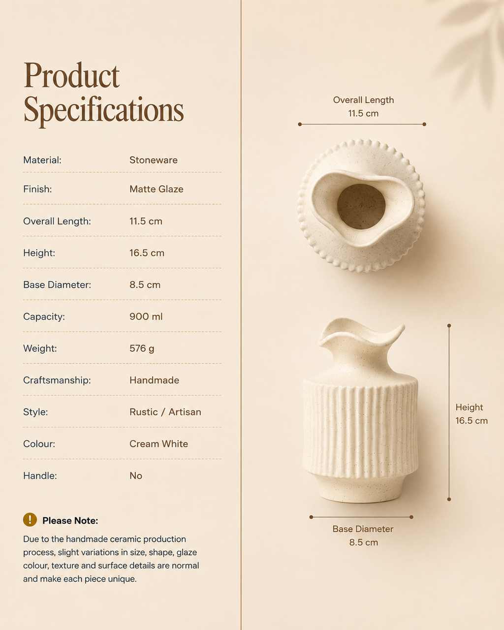 Handmade off-white ribbed stoneware vase specifications with 11.5 cm width, 16.5 cm height and 8.5 cm base diameter