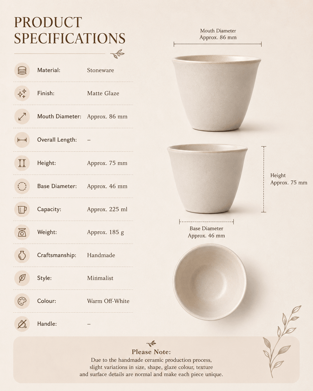 Handmade off-white stoneware tea and coffee cup with 225 ml capacity and product dimensions