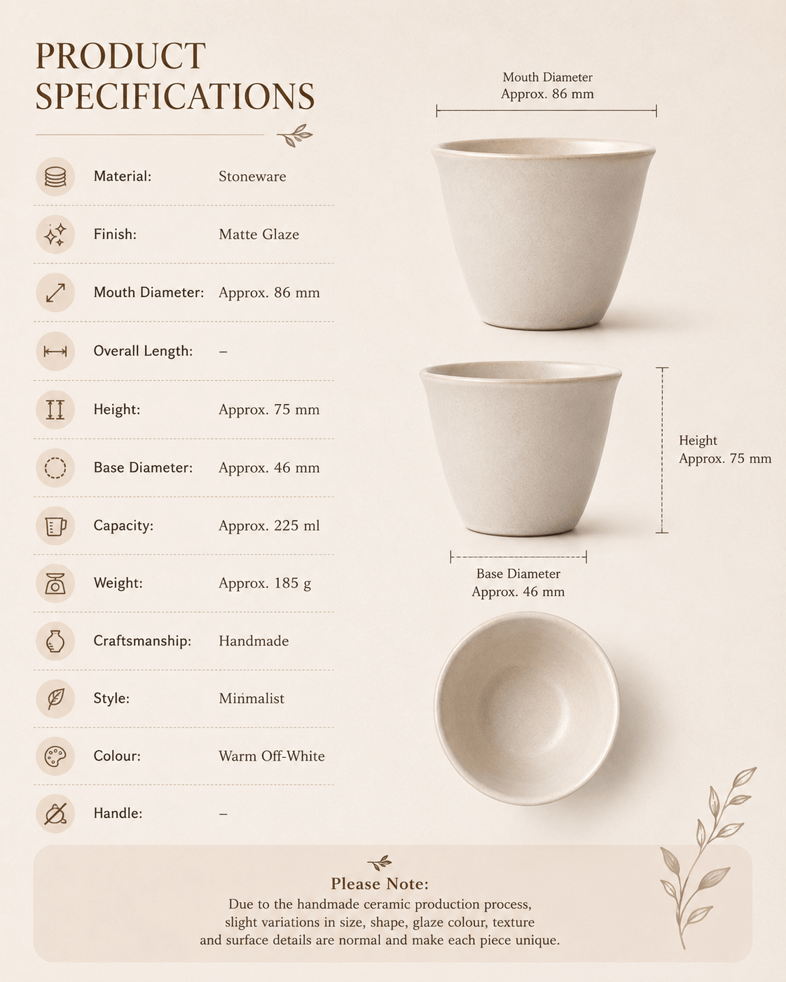 Handmade off-white stoneware tea and coffee cup with 225 ml capacity and product dimensions