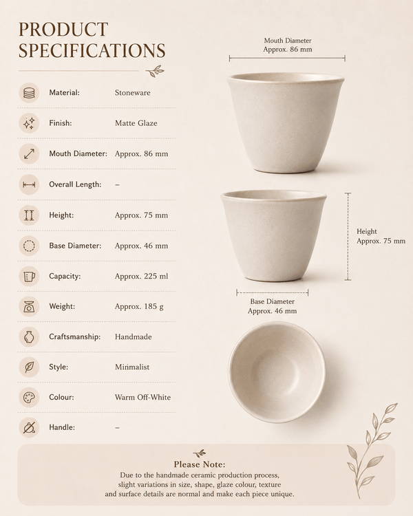 Handmade off-white stoneware tea and coffee cup with 225 ml capacity and product dimensions