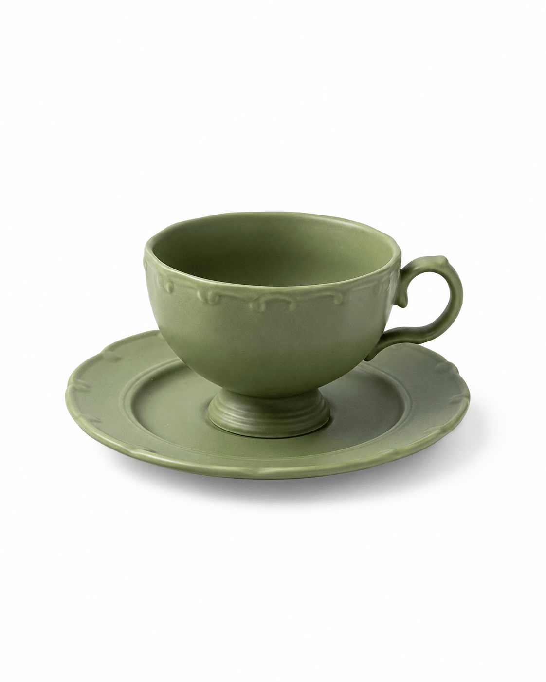 Handmade olive green ceramic coffee cup and saucer set with scalloped details and pedestal base Main image