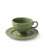 Handmade olive green ceramic coffee cup and saucer set with scalloped details and pedestal base