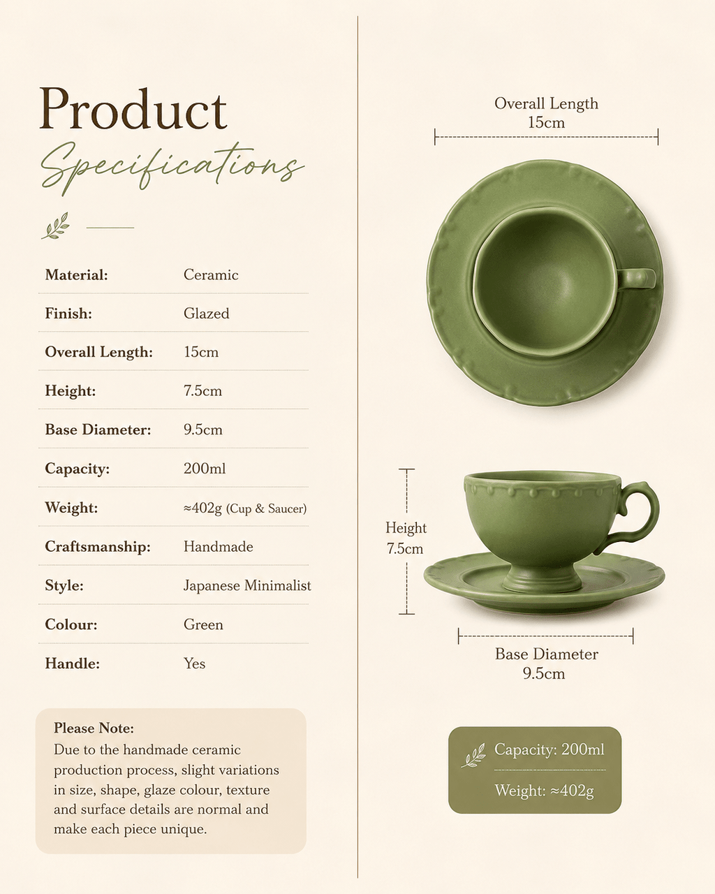 Handmade olive green ceramic coffee cup and saucer set specifications with dimensions and 200ml capacity