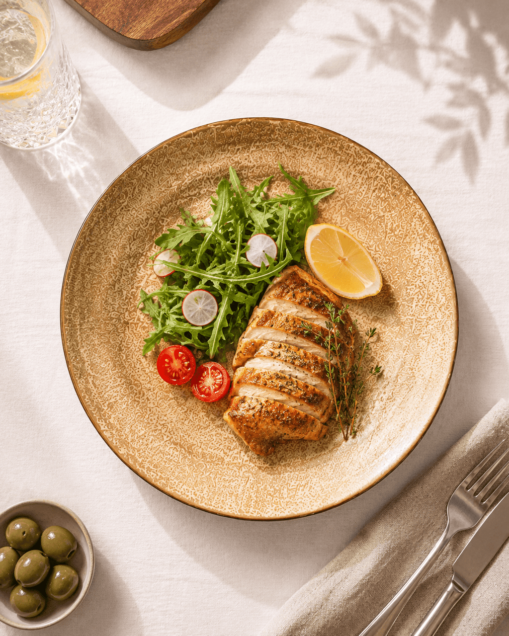 Handmade reactive glaze ceramic dinner plate served with grilled chicken and fresh salad in a warm dining table setting