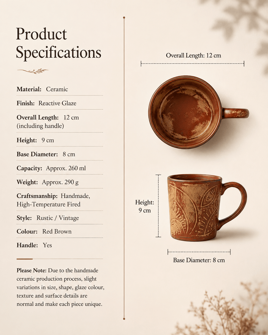 Product specifications for handmade red brown reactive glaze ceramic mug with 260ml capacity and carved design