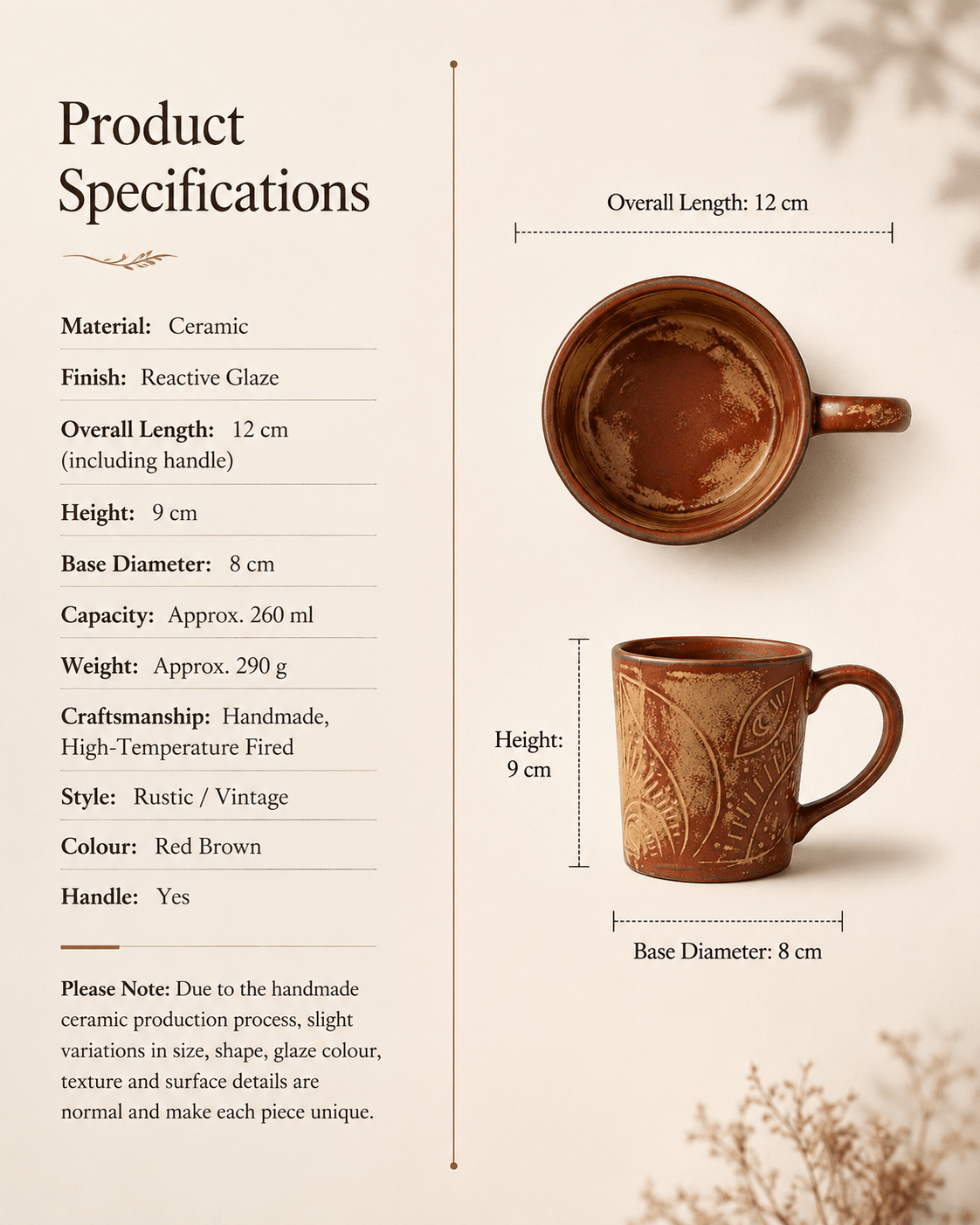 Product specifications for handmade red brown reactive glaze ceramic mug with 260ml capacity and carved design
