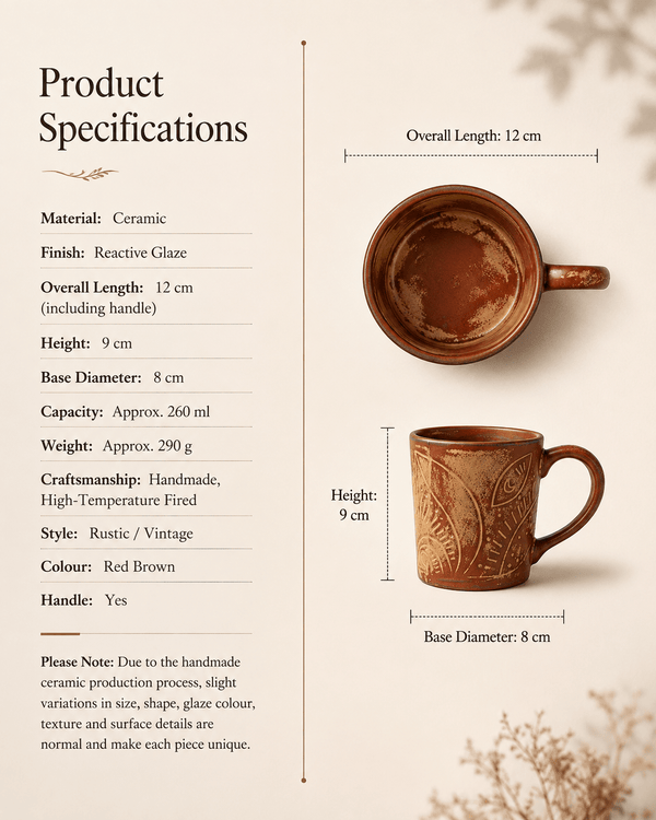 Product specifications for handmade red brown reactive glaze ceramic mug with 260ml capacity and carved design