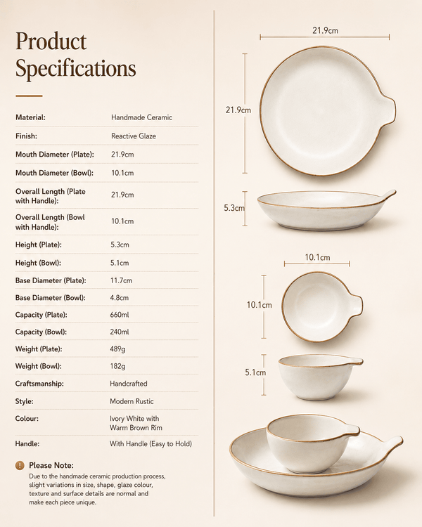 Product specifications and dimensions for handmade reactive glaze ceramic serving bowl set with handles