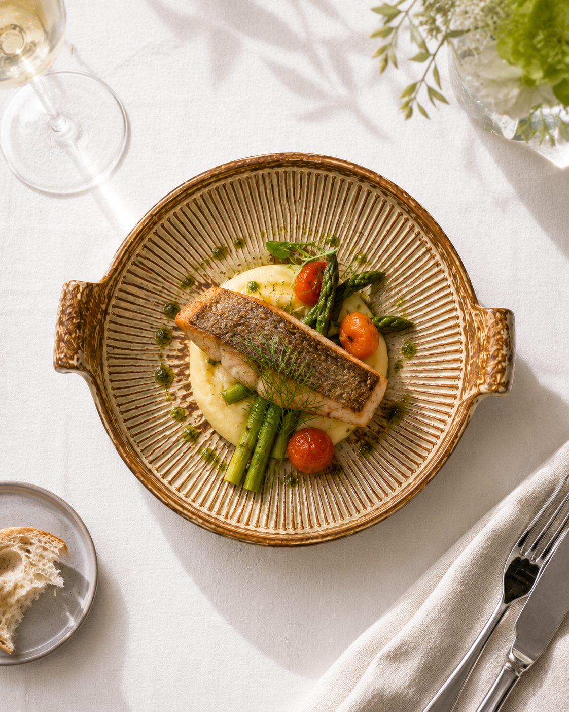 Handmade reactive glaze ceramic serving plate with handles, styled with seared fish, asparagus and roasted tomatoes
