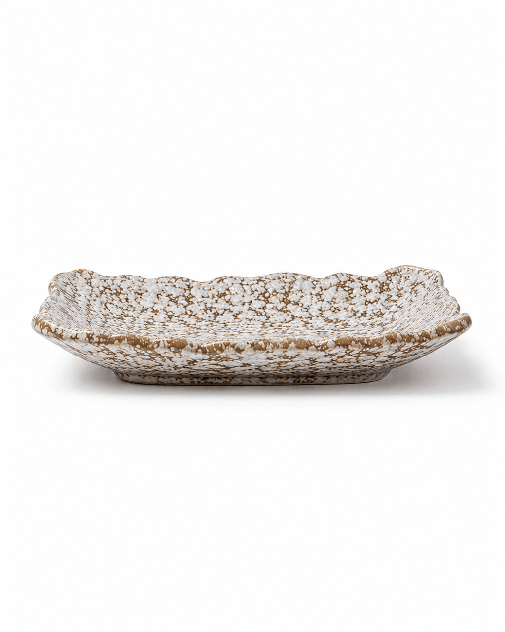 Side view of handmade reactive glaze ceramic serving platter with raised irregular edges and white brown speckled finish