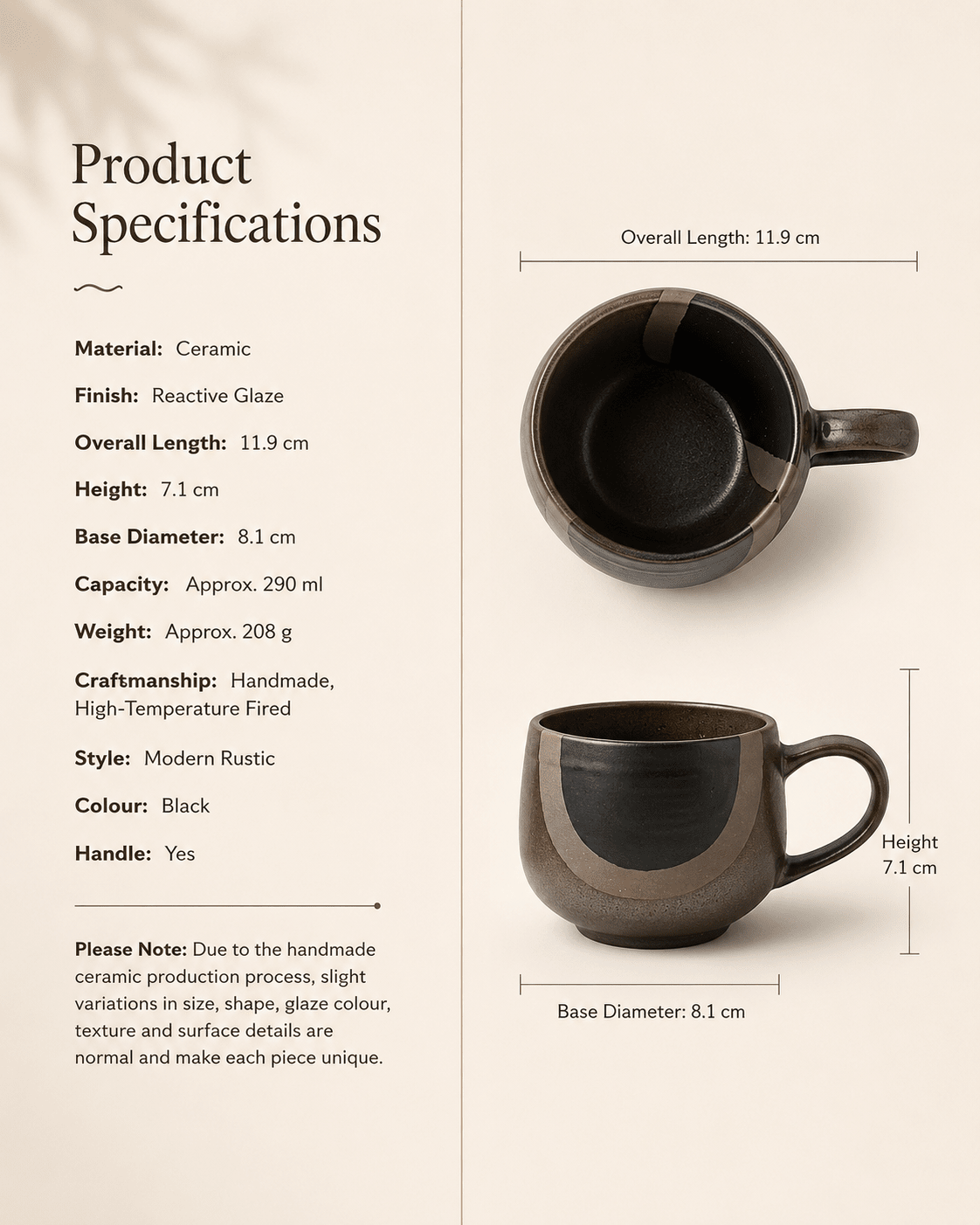 Product specifications and dimensions for handmade reactive glaze ceramic coffee cup and saucer