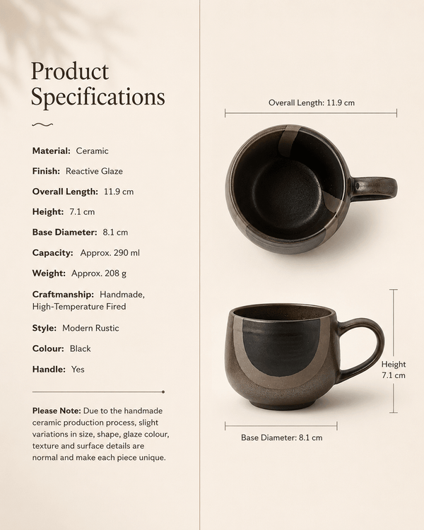Product specifications and dimensions for handmade reactive glaze ceramic coffee cup and saucer
