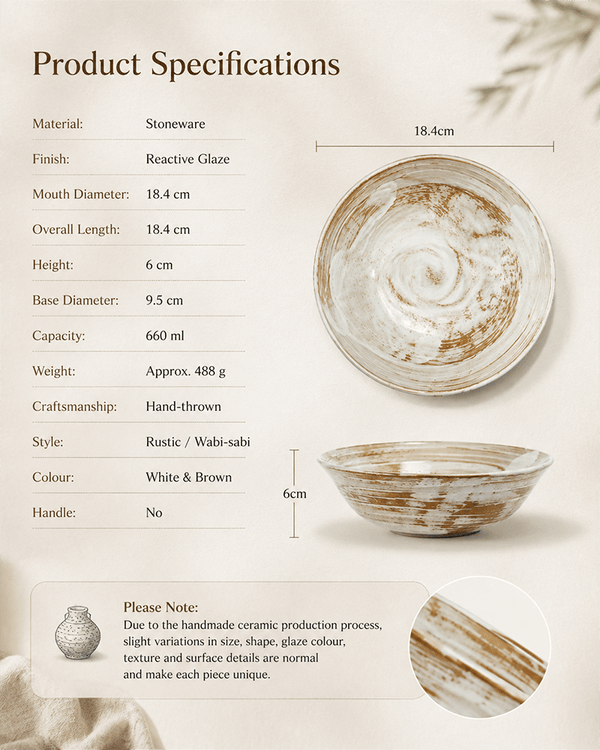 Handmade white and brown reactive glaze stoneware bowl with product dimensions and specifications, 7.2 inch