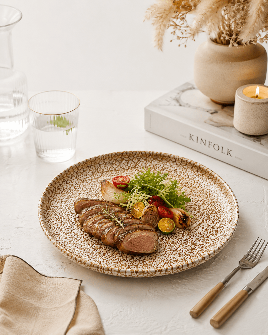 Handmade speckled stoneware dinner plate with grilled steak and vegetables on a neutral table setting