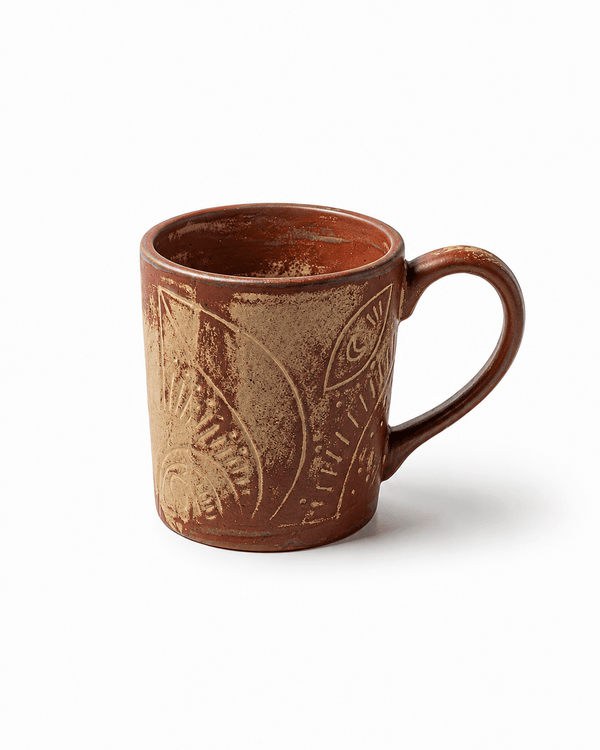 Handmade red brown reactive glaze ceramic mug with carved pattern and rustic textured finish