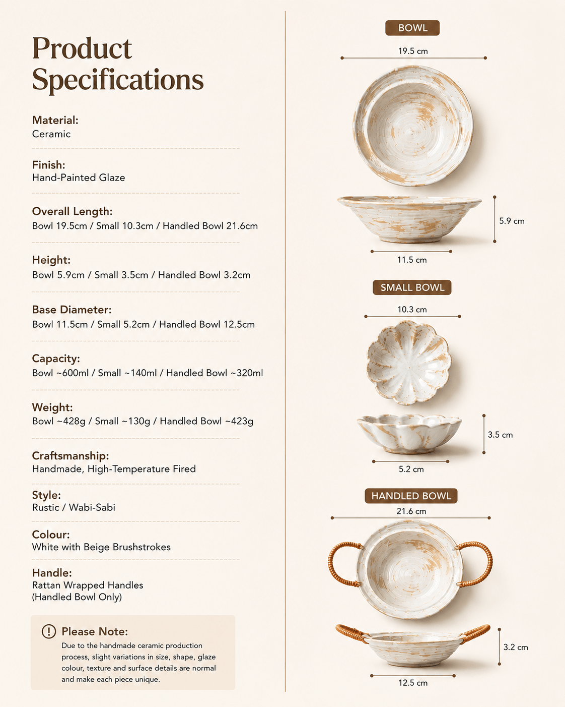 Product specifications and dimensions for handmade rustic ceramic serving bowls including scalloped and rattan handled designs