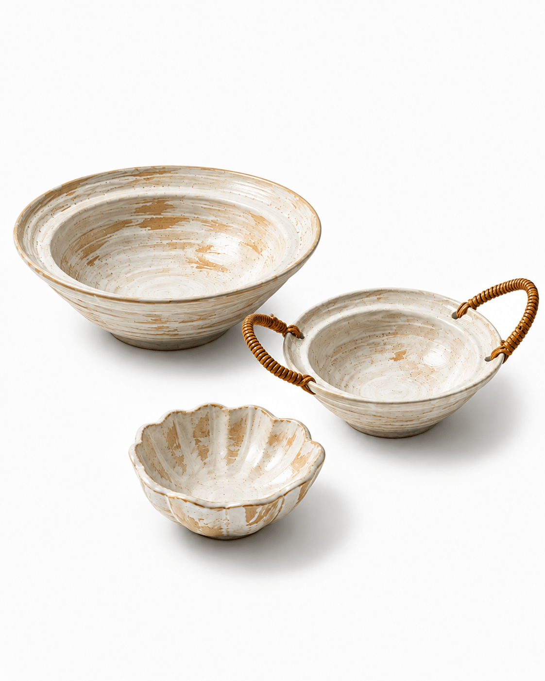 Handmade rustic ceramic serving bowl set with scalloped bowl and rattan handled bowl in white and beige glaze Main image