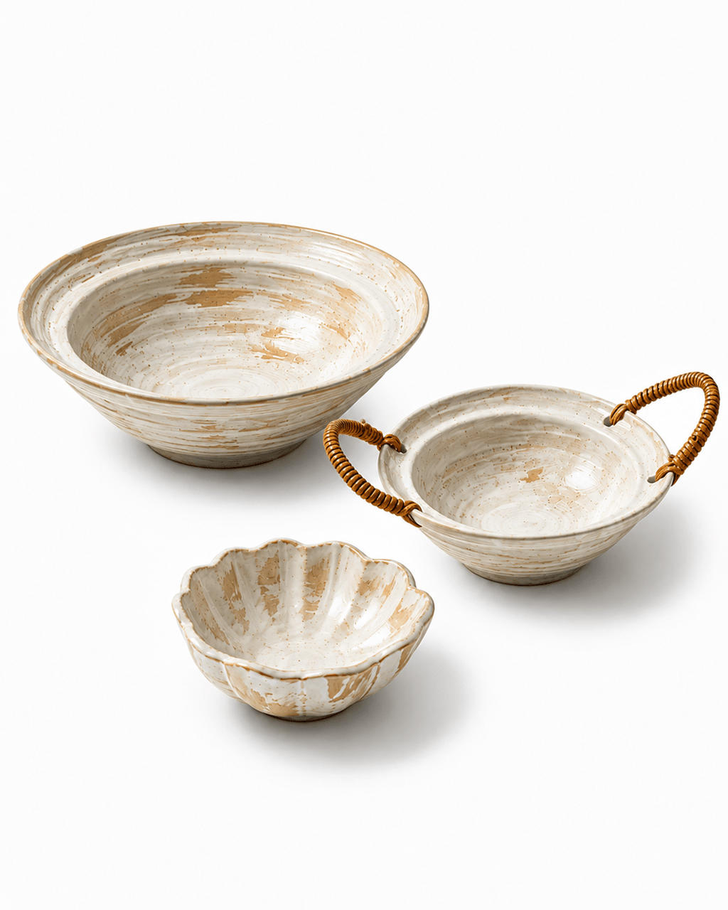 Handmade rustic ceramic serving bowl set with scalloped bowl and rattan handled bowl in white and beige glaze