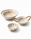 Handmade rustic ceramic serving bowl set with scalloped bowl and rattan handled bowl in white and beige glaze