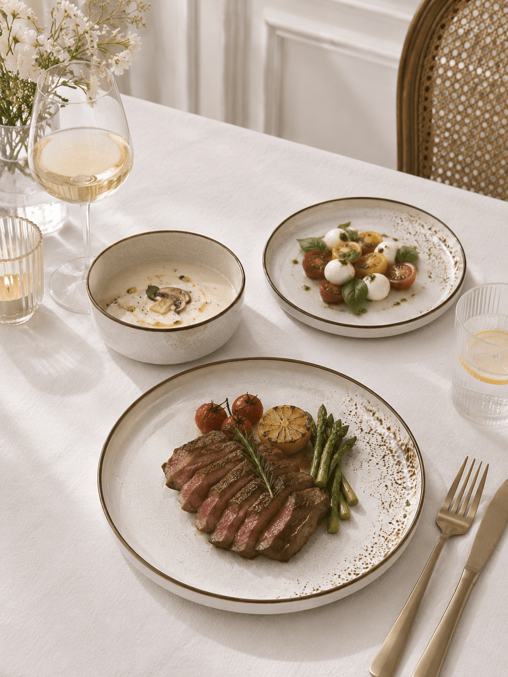 Handmade speckled ceramic dinnerware set styled on a white dining table with steak, salad and soup