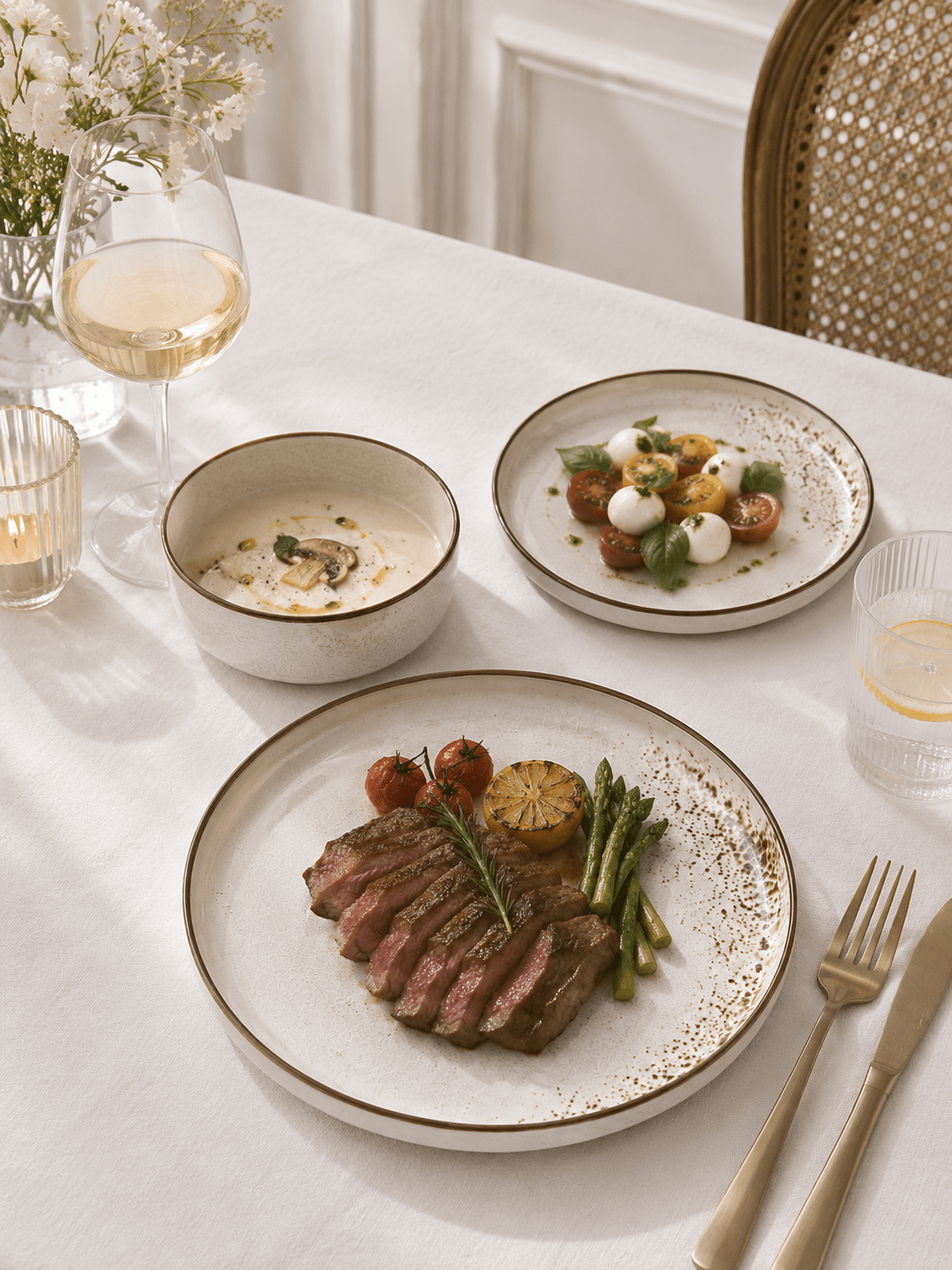 Handmade speckled ceramic dinnerware set styled on a white dining table with steak, salad and soup