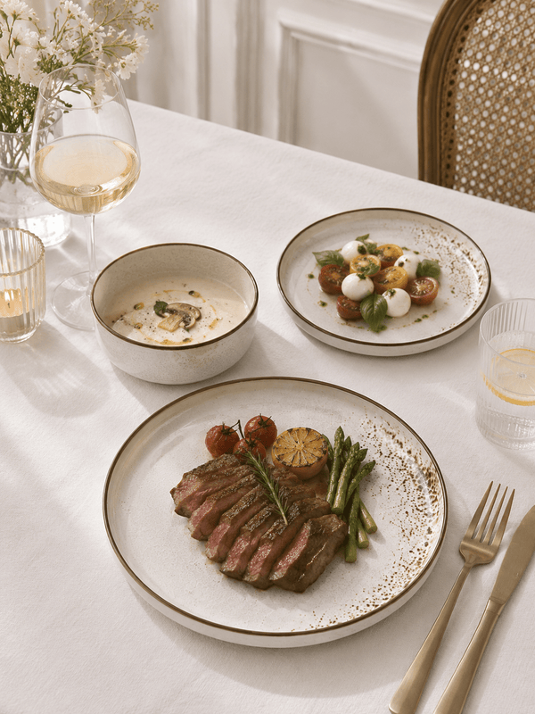 Handmade speckled ceramic dinnerware set styled on a white dining table with steak, salad and soup