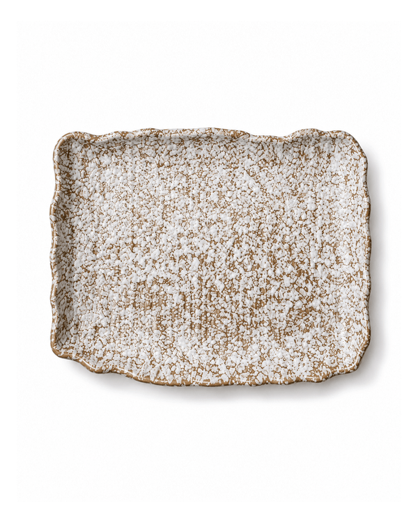 Handmade white and brown speckled ceramic rectangular serving platter with reactive glaze and irregular edges