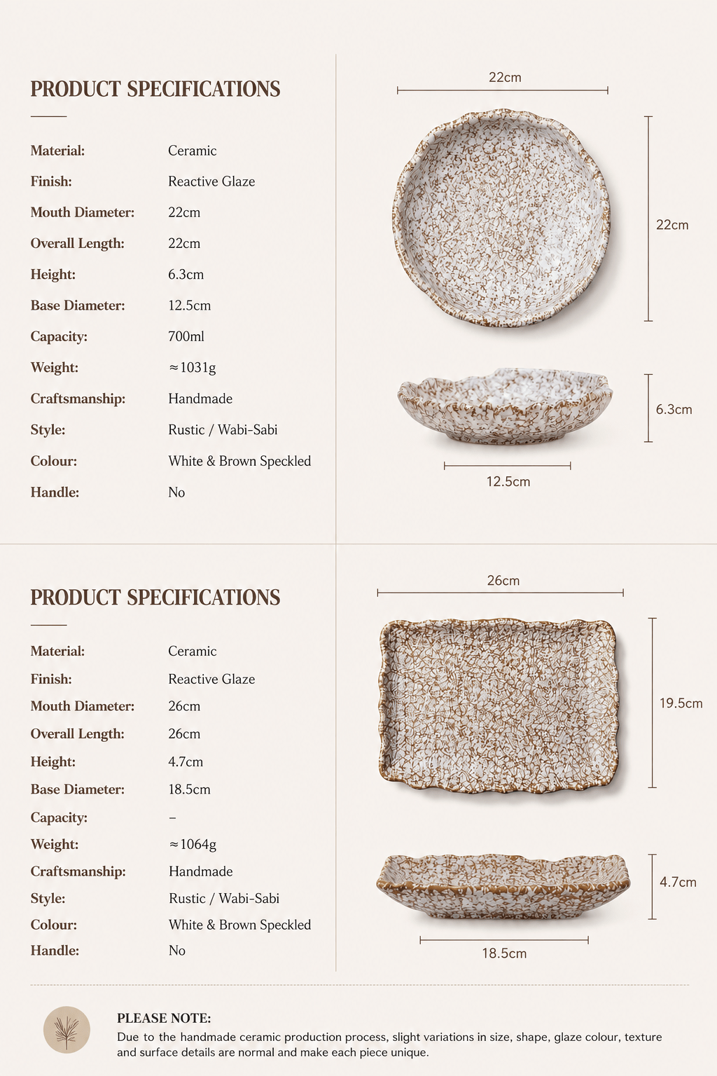 Product specifications for handmade speckled ceramic serving bowl and rectangular platter with dimensions, capacity and weight