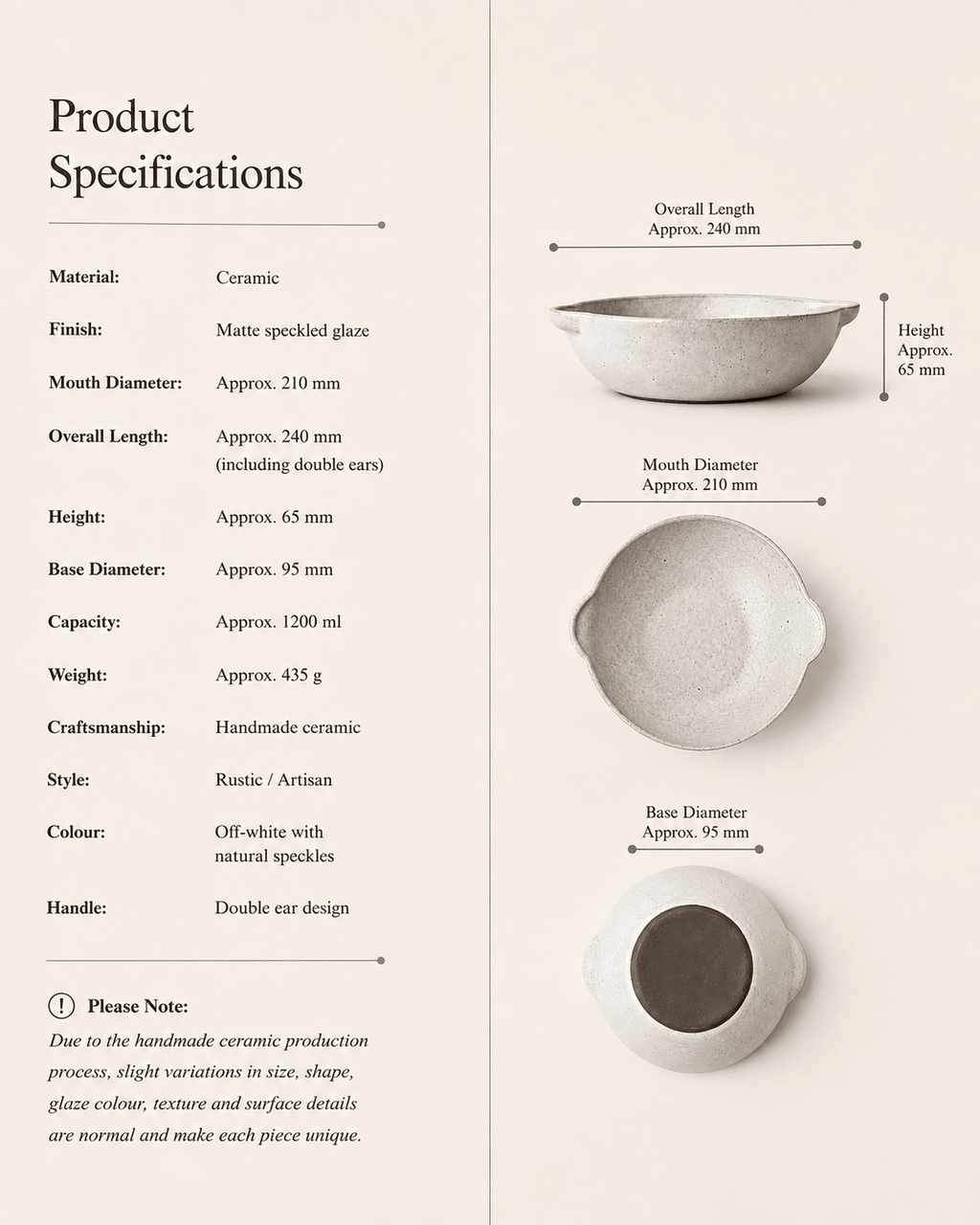 Handmade speckled ceramic serving bowl with double ear handles, 21 cm diameter and 1.2 L capacity
