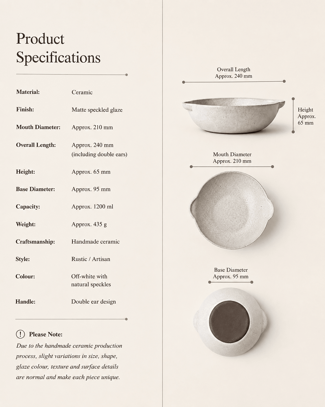 Handmade speckled ceramic serving bowl with double ear handles, 21 cm diameter and 1.2 L capacity