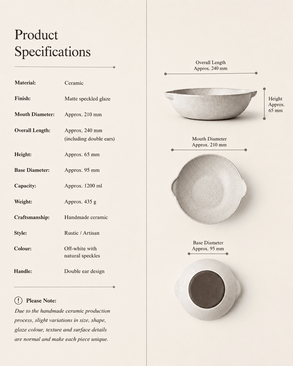 Handmade speckled ceramic serving bowl with double ear handles, 21 cm diameter and 1.2 L capacity