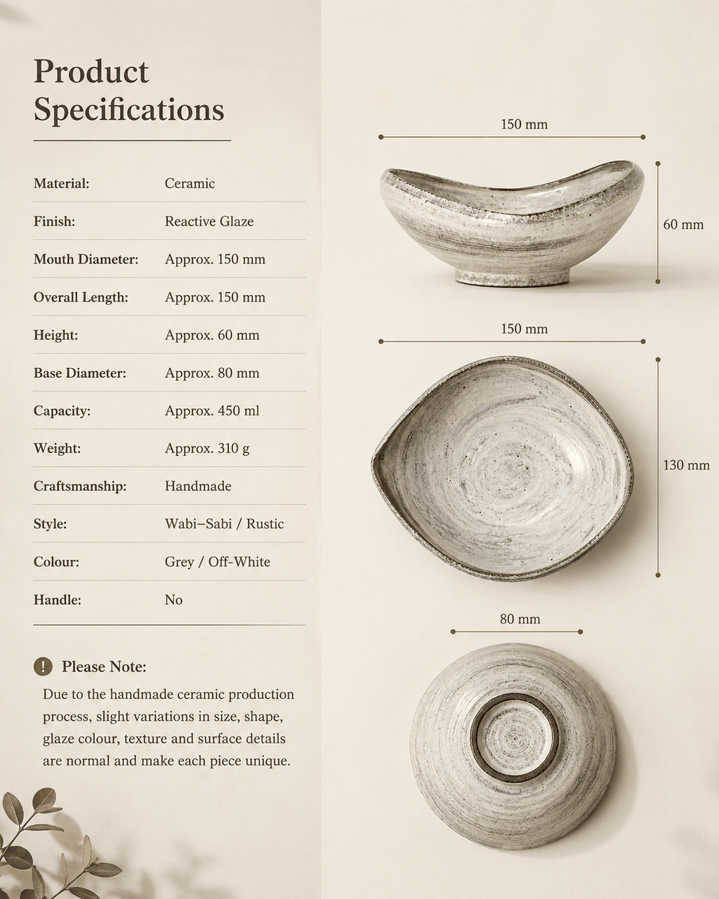 Handmade speckled ceramic serving bowl specifications with dimensions and reactive glaze details