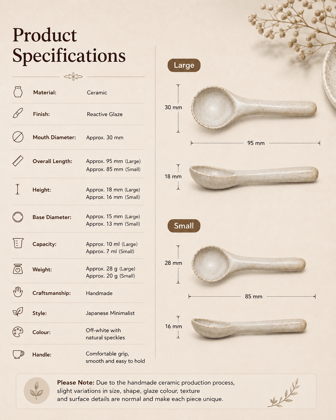 Handmade speckled ceramic spoon in large and small sizes with product dimensions and specifications