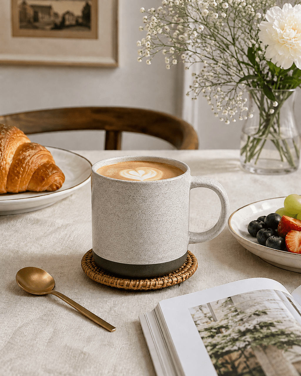Handmade speckled ceramic coffee mug with latte on a warm European-style breakfast table with croissants and fresh fruit