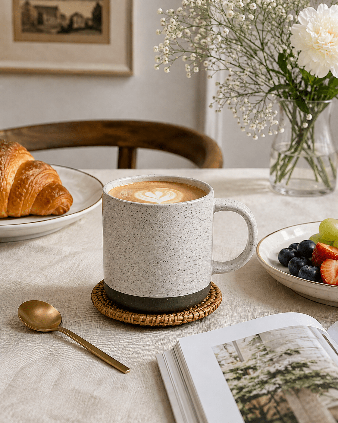 Handmade speckled ceramic coffee mug with latte on a warm European-style breakfast table with croissants and fresh fruit