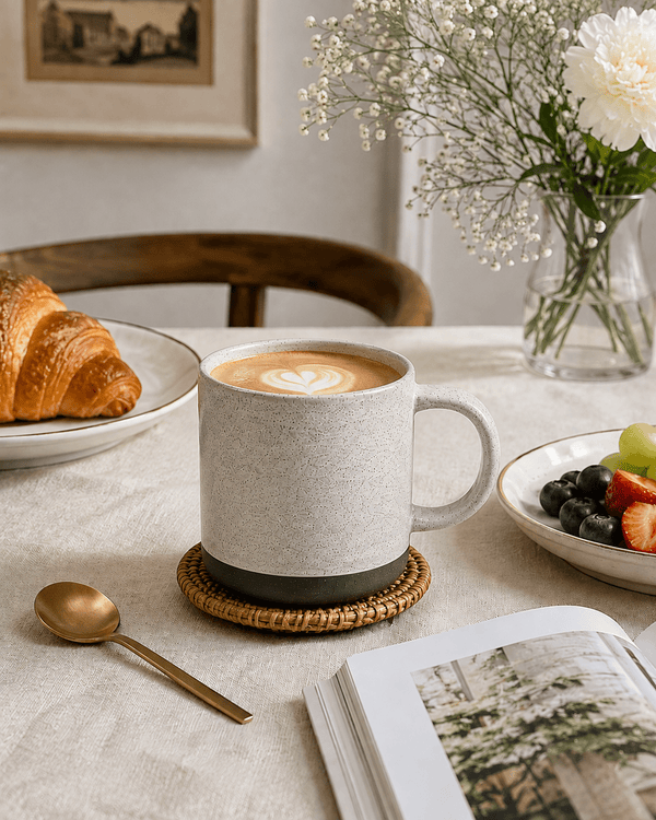 Handmade speckled ceramic coffee mug with latte on a warm European-style breakfast table with croissants and fresh fruit