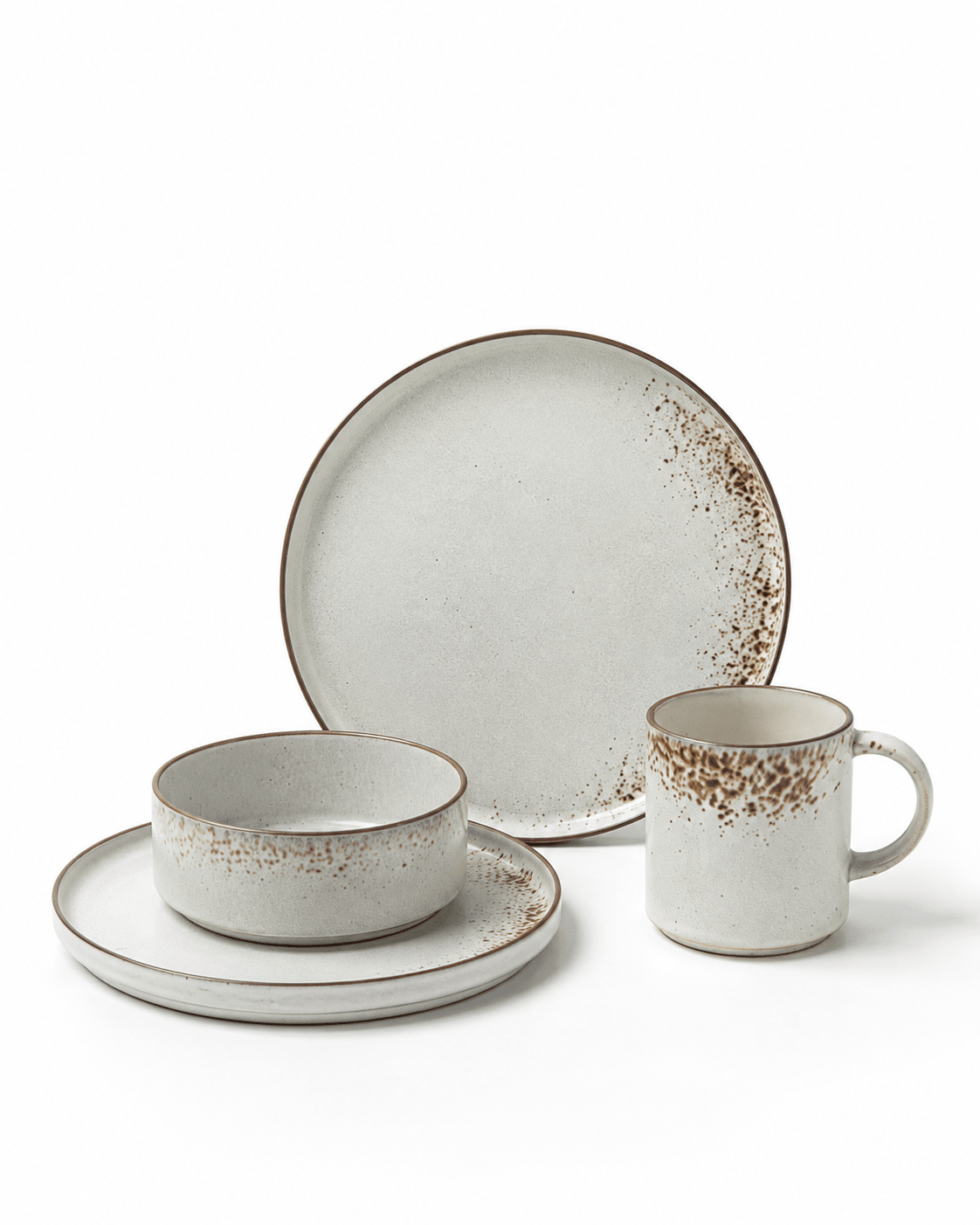 Handmade speckled reactive glaze ceramic dinnerware set with dinner plate, side plate, bowl and mug Main image