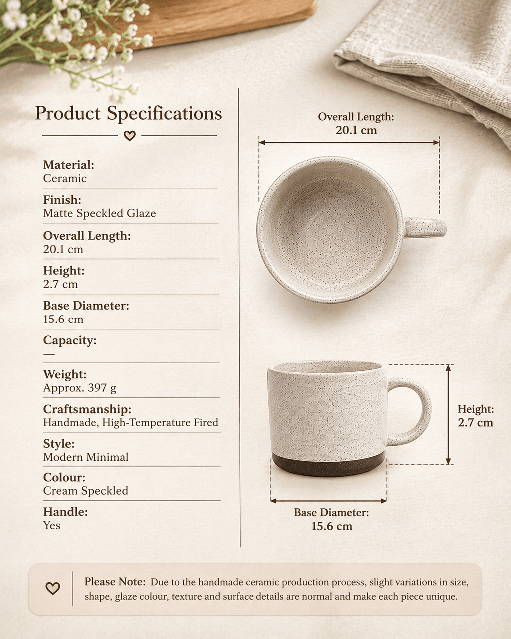 Product specifications for handmade speckled stoneware coffee mug with off-white glaze and dark ceramic base