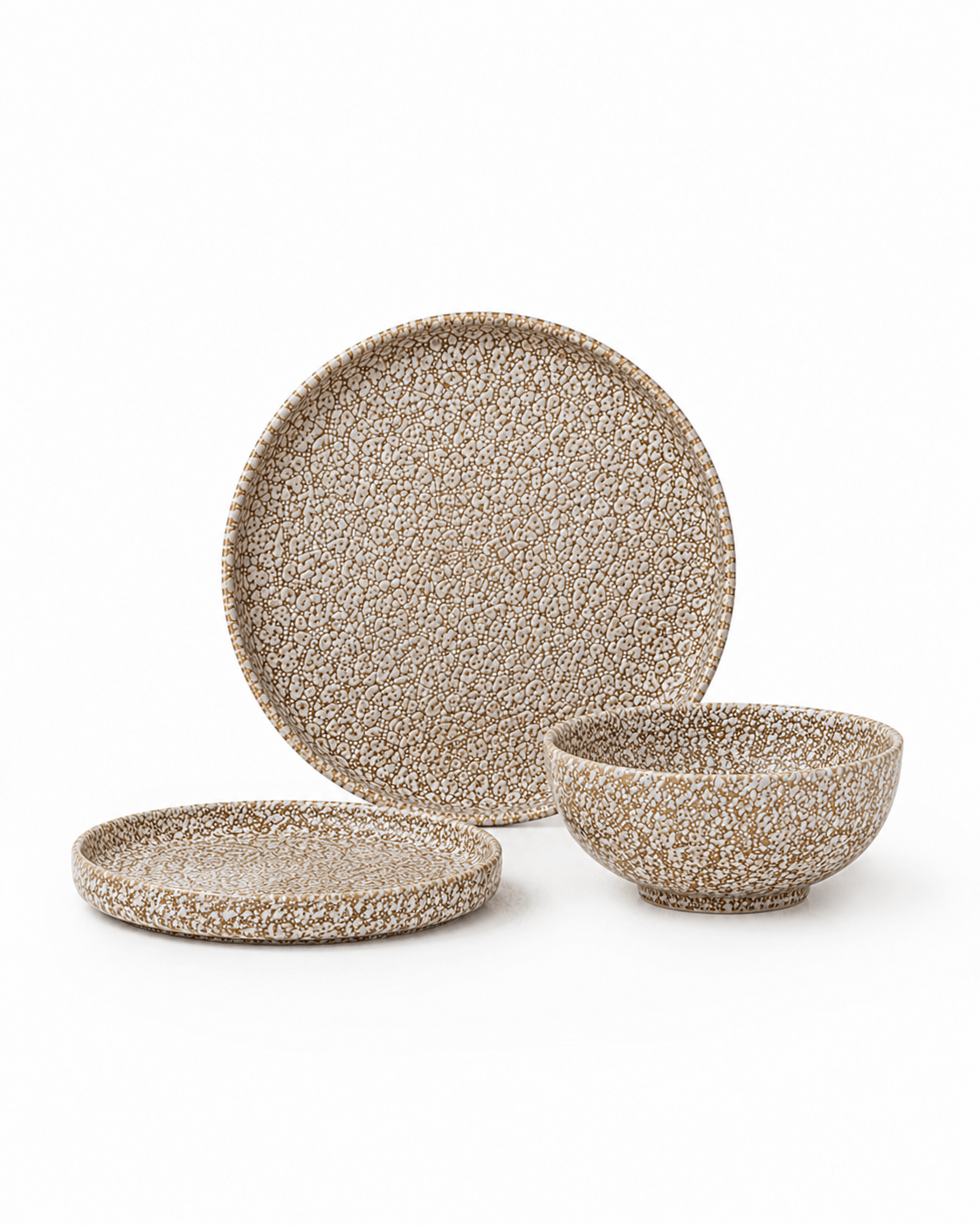 Handmade brown and cream speckled stoneware dinnerware set with dinner plate, side plate and bowl Main image