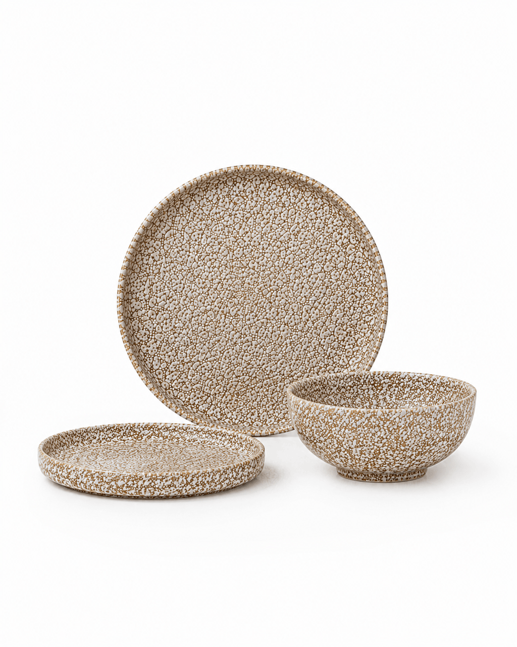 Handmade brown and cream speckled stoneware dinnerware set with dinner plate, side plate and bowl