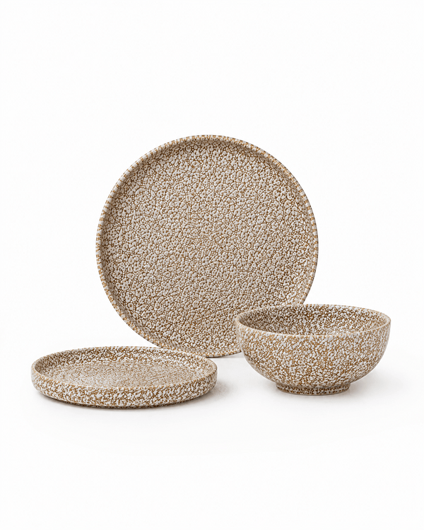 Handmade brown and cream speckled stoneware dinnerware set with dinner plate, side plate and bowl