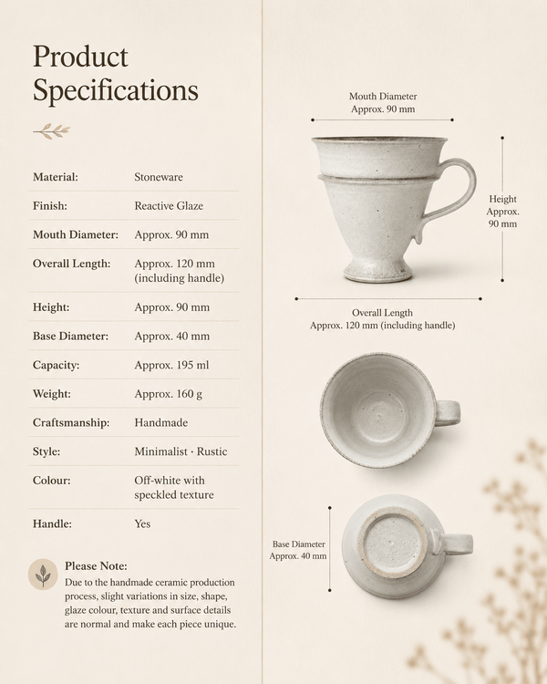 Product specifications for handmade speckled stoneware footed coffee mug with 195ml capacity and 90mm height