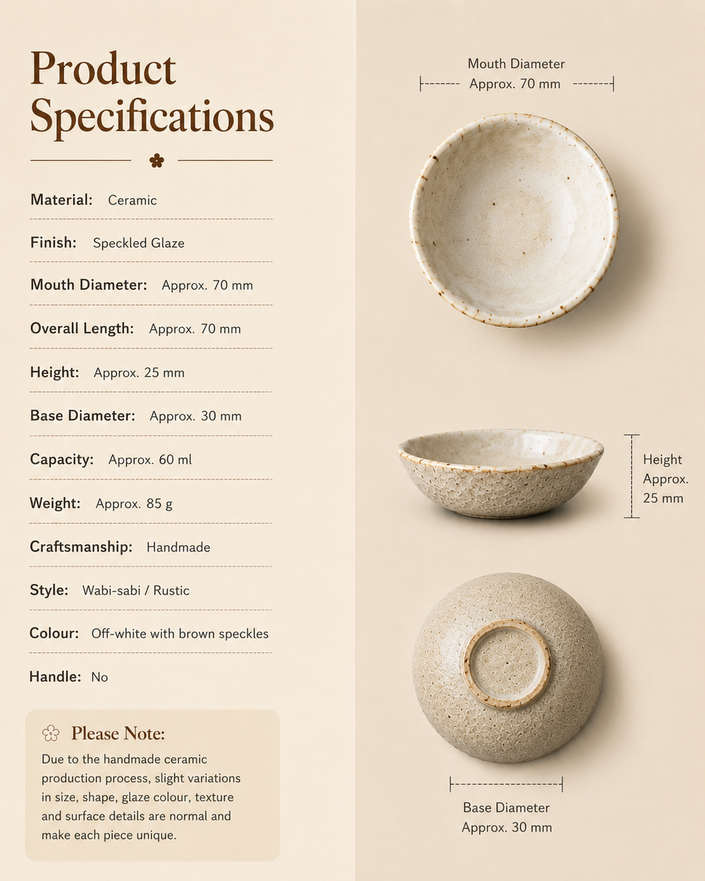 Product specifications for handmade speckled stoneware mini dish with dimensions and ceramic details