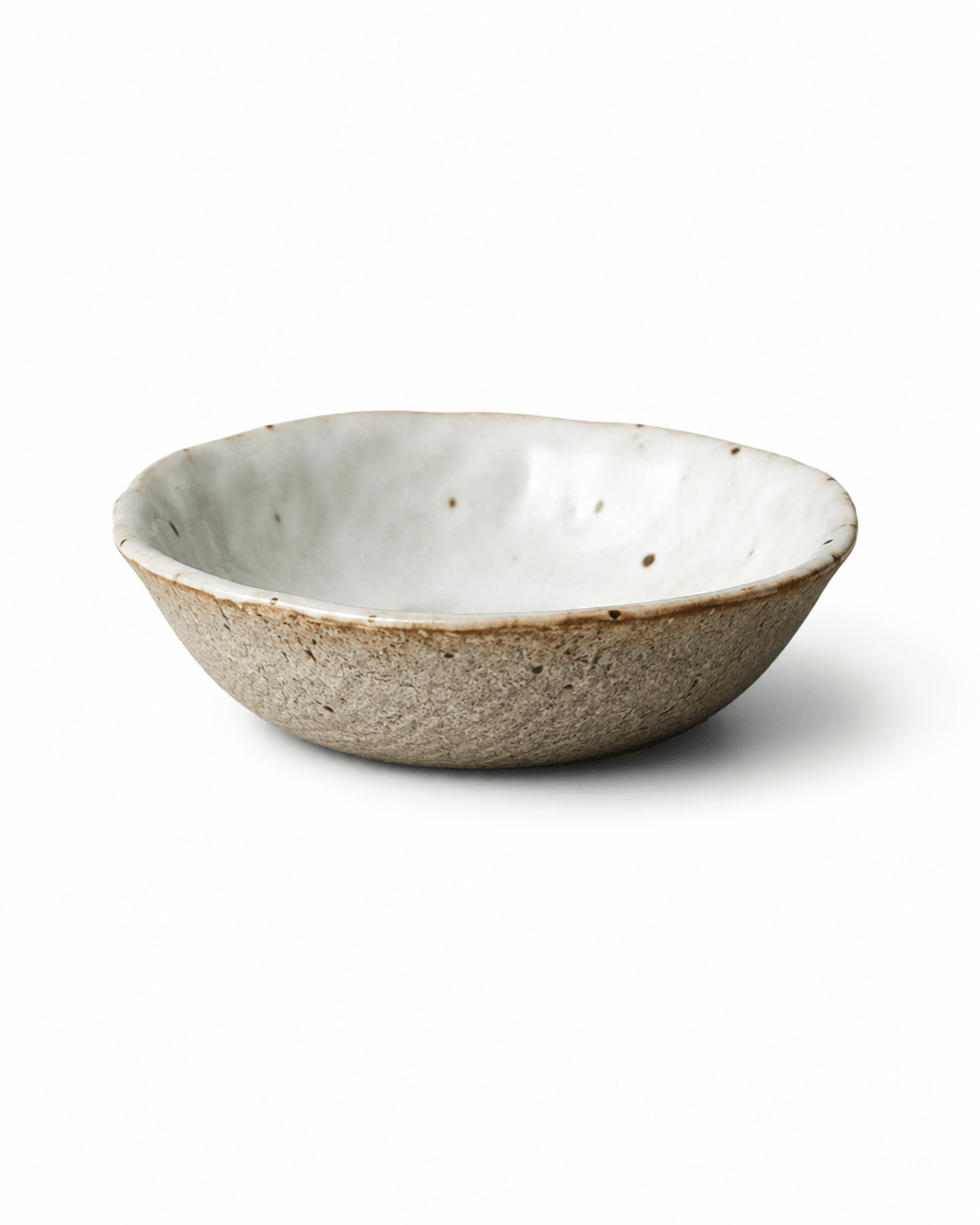Side view of handmade speckled stoneware mini dish with rustic textured exterior
 Main image